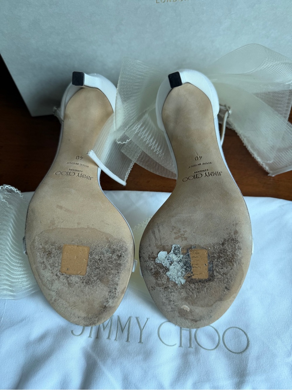 Authentic Jimmy Choo Ivory Ankle-Strap Sandals with Tulle Bow - Picture 8 of 8